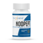 A bottle of Noopept supplement capsules, labeled as supporting memory and learning, part of the NeuroActive nootropic series, with 60 capsules inside.
