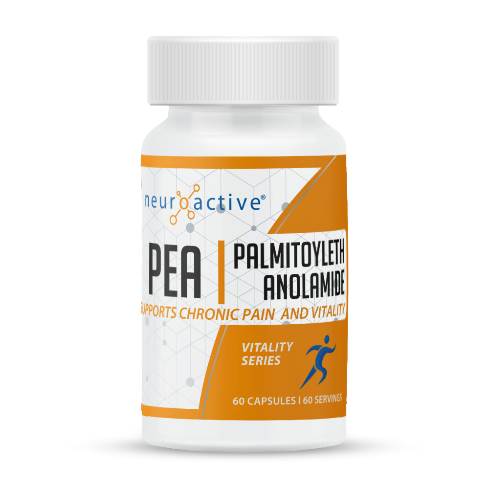 A bottle of NeuroActive Palmitoylethanolamide (PEA) dietary supplement with 60 capsules, labeled for supporting chronic pain and vitality.